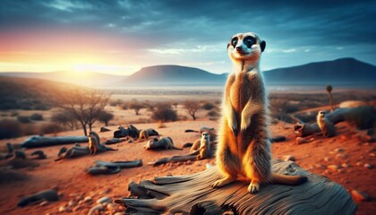 A meerkat standing on its hind legs scanning the horizon with wi