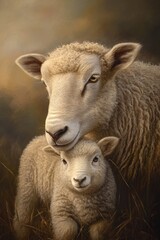 Obraz premium Sheep and lamb portrait, warm light