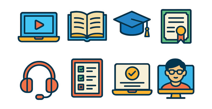 Online education icons set: linear style for e-learning and remote study