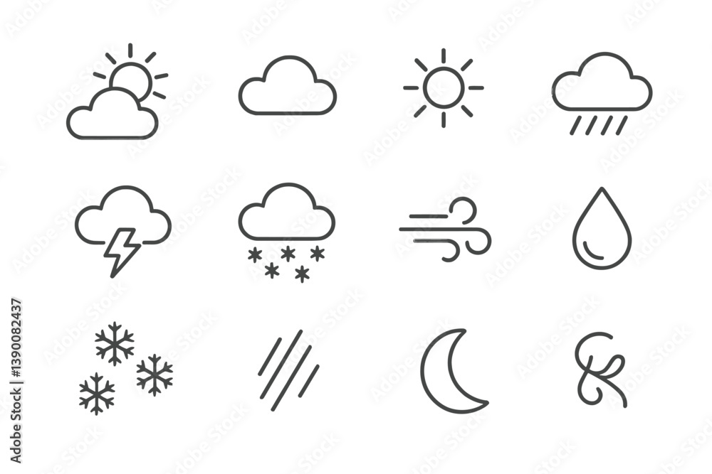 Poster Various line vector icons representing different weather conditions and celestial elements in a minimalistic style