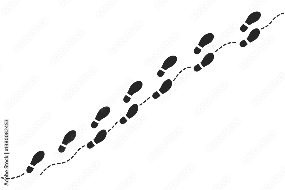 Poster footprints trail in a line vector icon representing movement or journey in black and white design