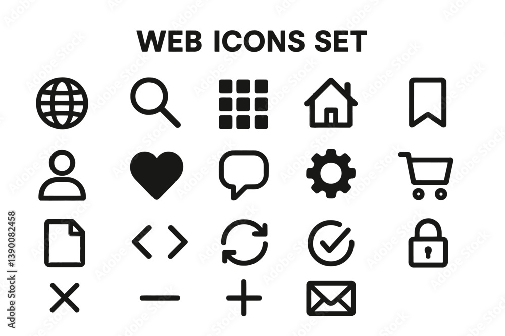 Poster set of line vector icons featuring web elements including globe, search, home, and shopping cart amo