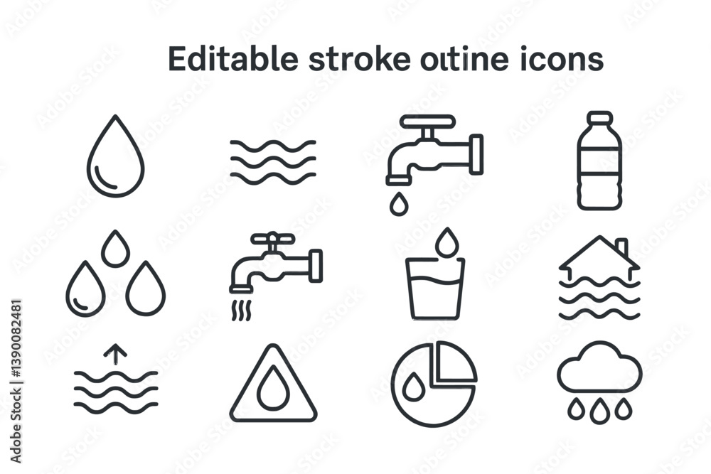 Poster water-related line vector icons showcasing various elements such as drops, taps, bottles, and waves 