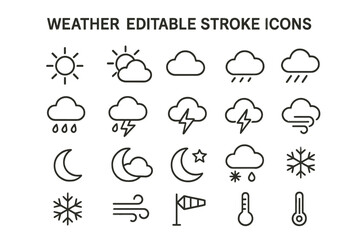 Vector icons illustrating various weather conditions including sun, clouds, rain, snow, and wind for use in applications and design projects