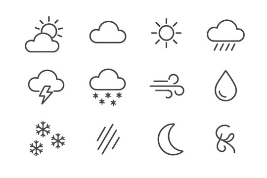 Various line vector icons representing different weather conditions and celestial elements in a minimalistic style