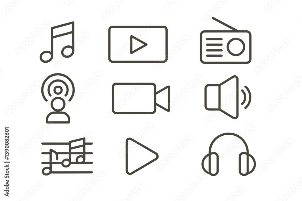 Poster line vector icons depicting music, video, and audio elements in a simple and clean design for digita