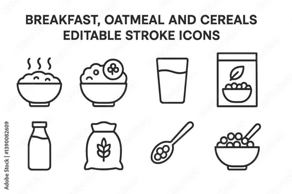 Aufkleber collection of breakfast icons featuring oatmeal, cereals, and associated items in a simple line vect