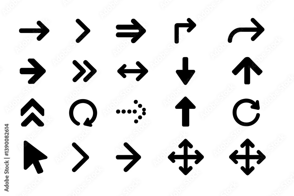 Poster Collection of line vector icons representing various directional arrows and movements for design and navigation purposes