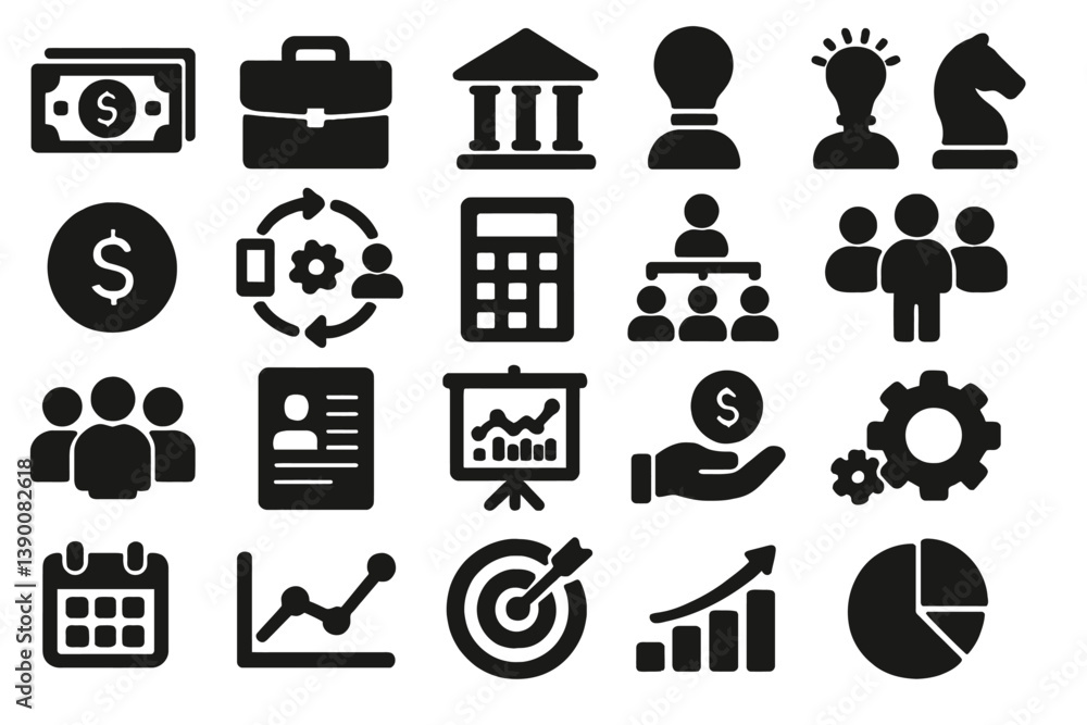 Poster Collection of line vector icons representing business, finance, and management concepts for various applications