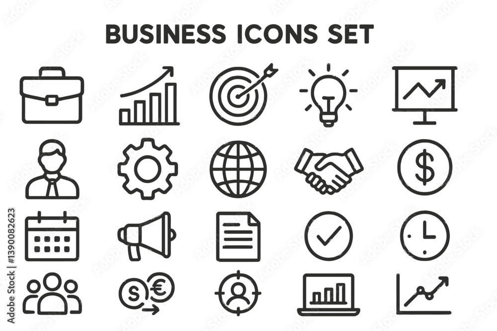 Poster business icon set featuring various line vector graphics representing corporate activities and conce