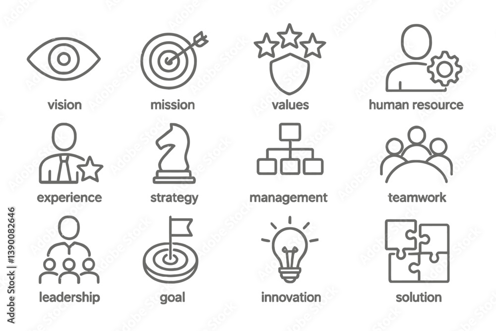 Poster Vector icons representing key concepts in business such as vision, mission, values, and teamwork for effective management strategies