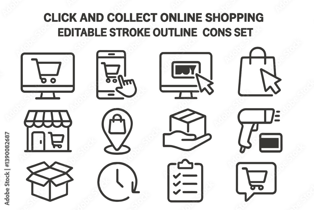 Poster Click and collect online shopping vector icon set featuring various shopping symbols and activities