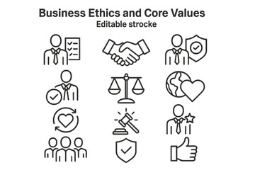 Business ethics symbols and core values in easy-to-edit vector line art for professional use
