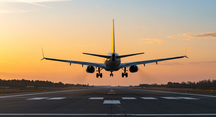 A majestic airplane gracefully descends towards the runway at sunset, casting a long shadow and creating a breathtaking silhouette against the warm golden sky.