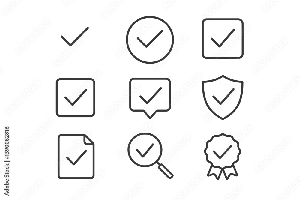 Aufkleber Checkmark icons showcasing various styles and formats for use in design and digital applications