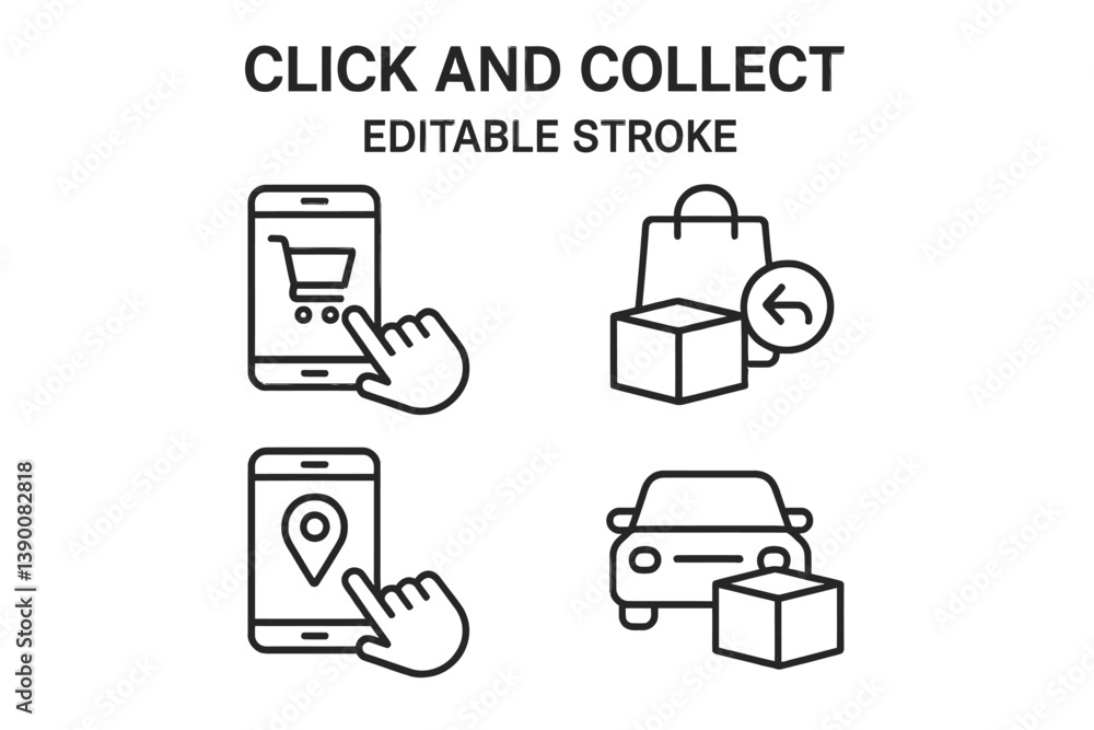 Aufkleber interactive line vector icons depicting click and collect shopping process with mobile, shopping bag