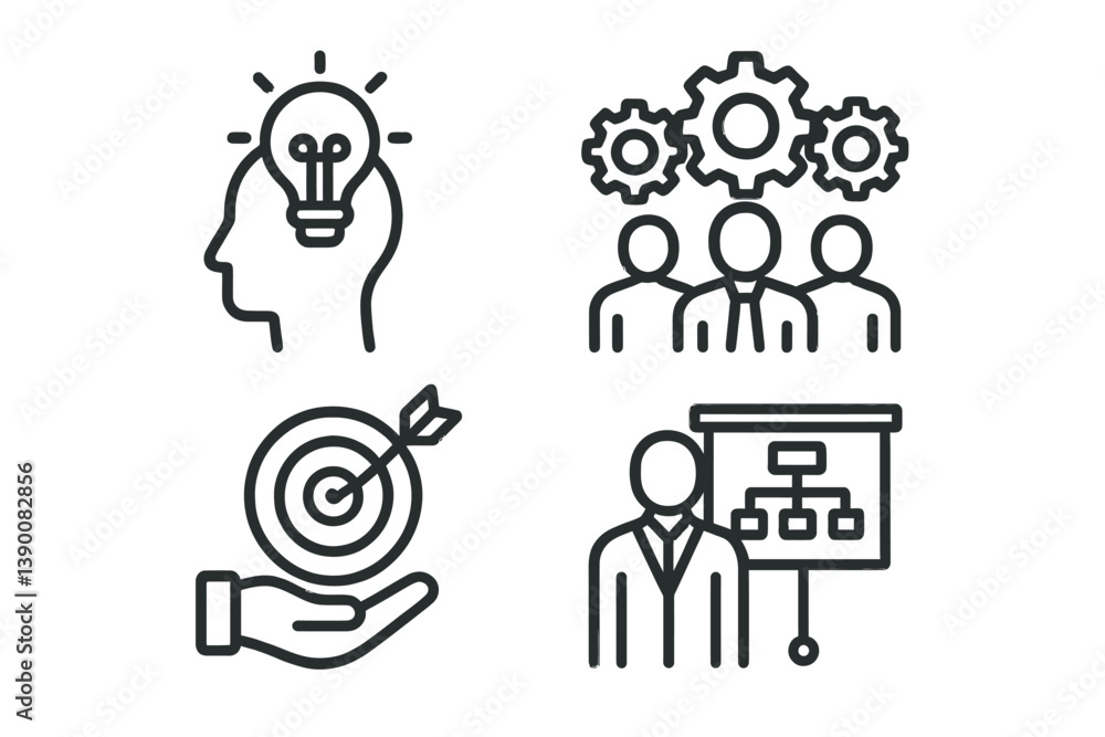 Aufkleber Concepts of innovation, teamwork, goal setting, and strategy represented through line vector icons for business