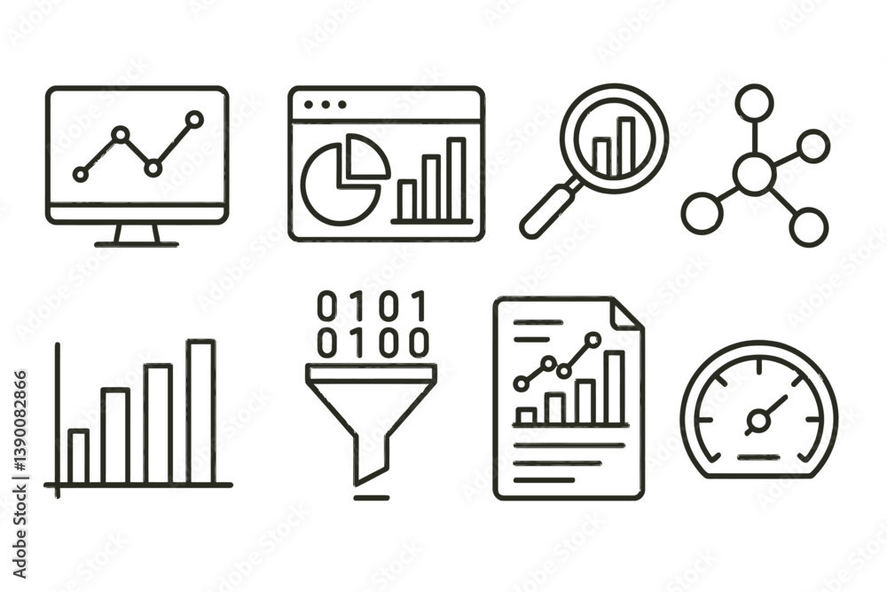 Poster Collection of line vector icons representing data analysis and visualization tools for business insights