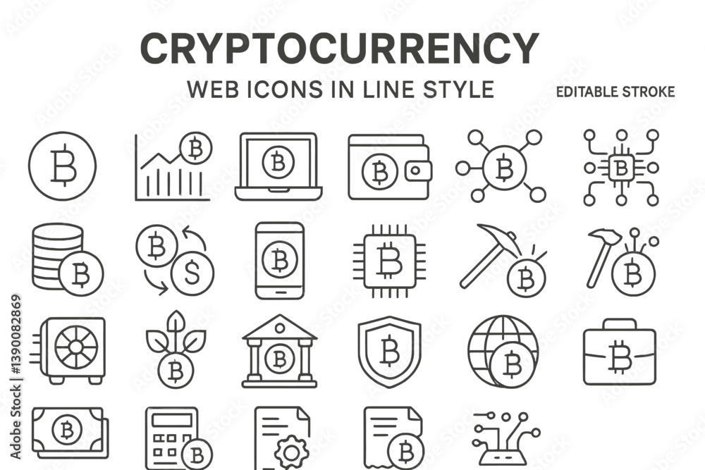 Poster Collection of web icons representing cryptocurrency concepts in line vector style suitable for digital projects