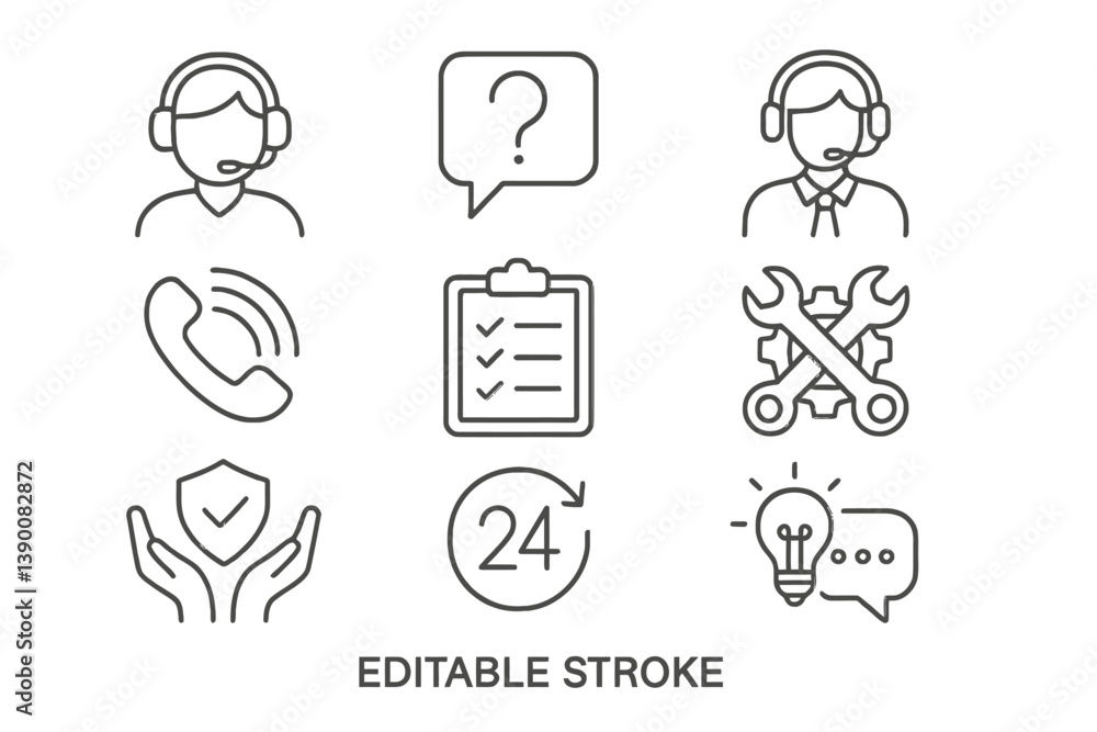 Aufkleber support service icons depicting customer assistance, communication, and problem-solving tools for 24
