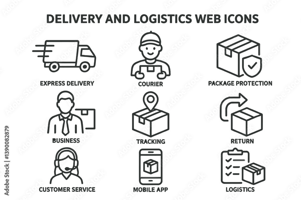 Poster delivery and logistics web icons featuring express delivery, tracking, courier services, and custome