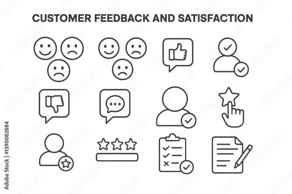Poster Icons representing customer feedback and satisfaction in a minimalist line design for modern business use