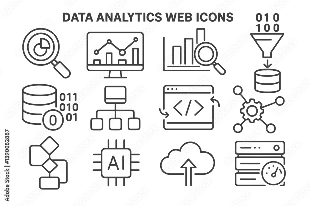 Fototapete Data analytics web icons illustrating various analytical tools and processes for effective data management and visualization