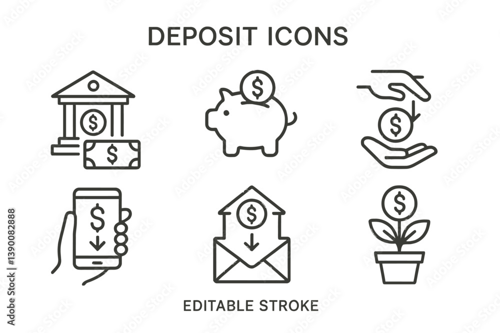 Aufkleber Deposit icons representing financial transactions in a minimalistic line vector style for digital applications