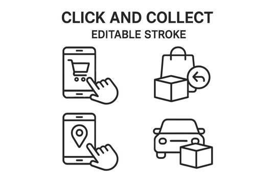 Interactive line vector icons depicting click and collect shopping process with mobile, shopping bag, and car