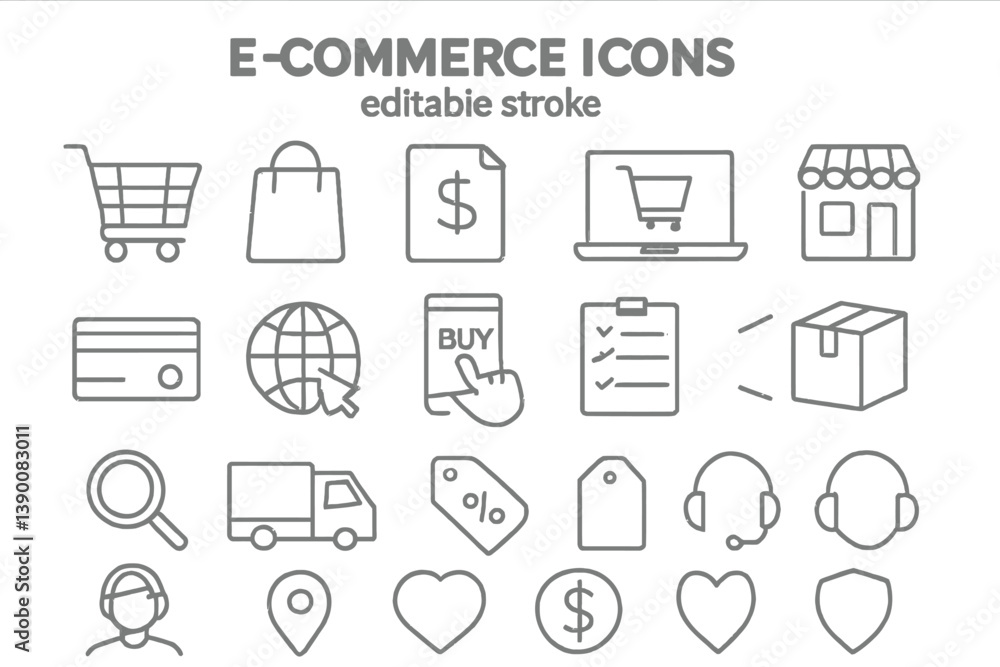 Poster Collection of e-commerce icons in line vector style showcasing shopping elements and online transactions