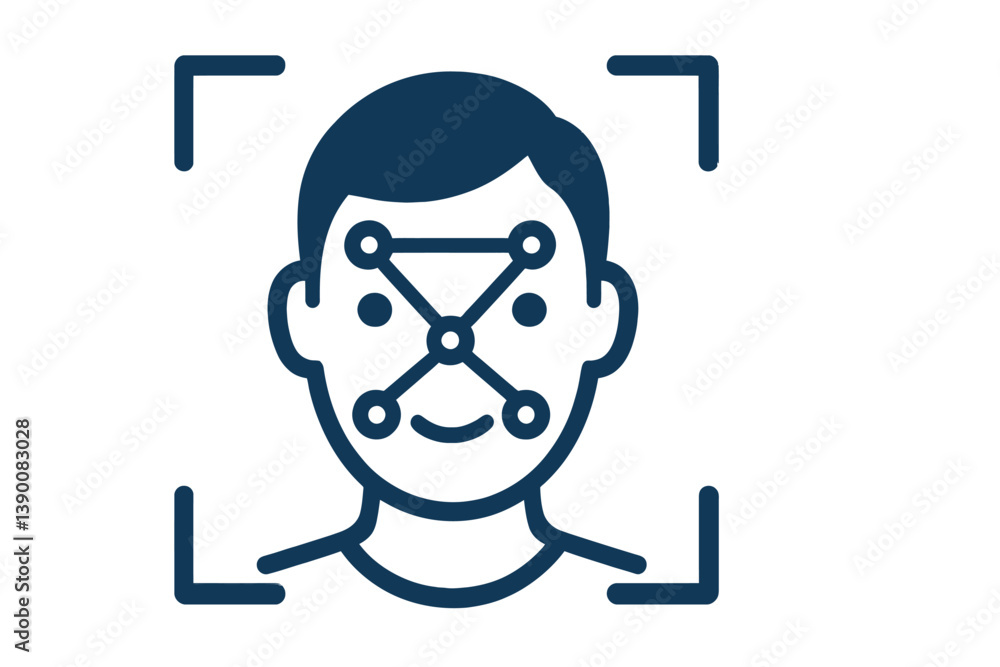 Poster Facial recognition technology line vector icon for identification and security applications in modern digital environments