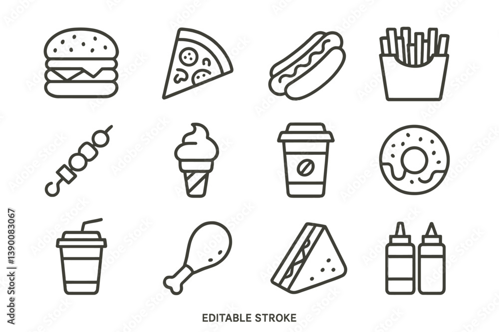 Poster food and beverage vector icons showcasing popular snacks and drinks in a minimalistic design for cul