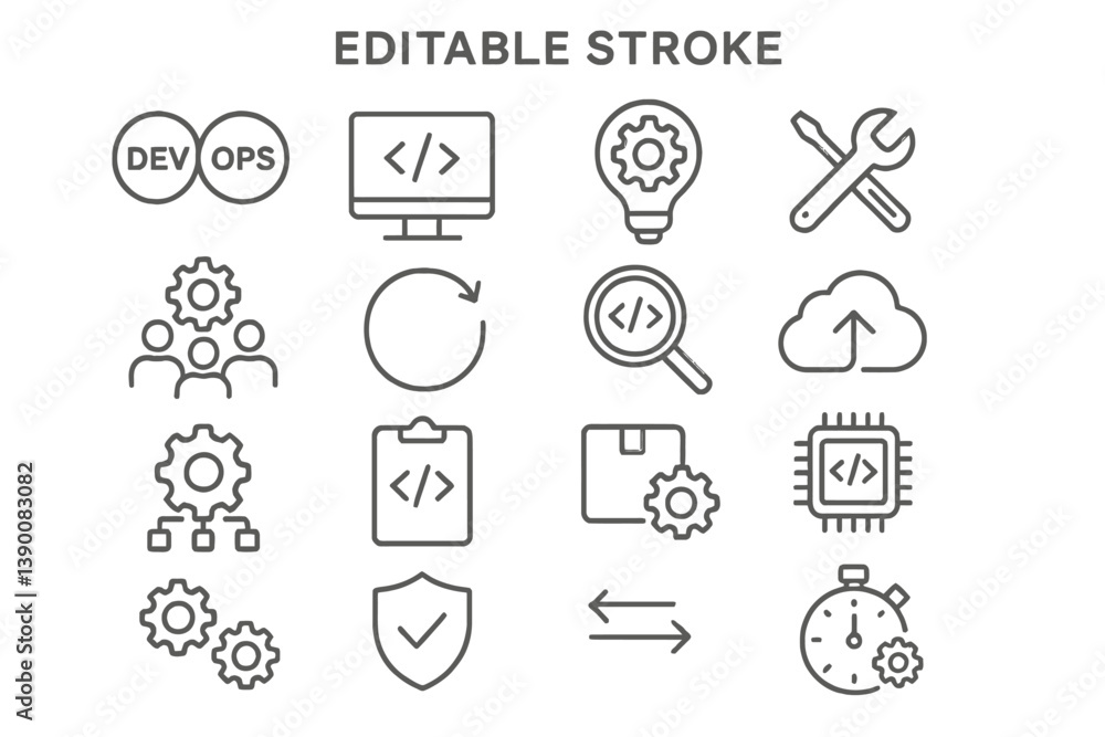 Aufkleber Collection of vector line icons representing DevOps practices, tools, and concepts for software development