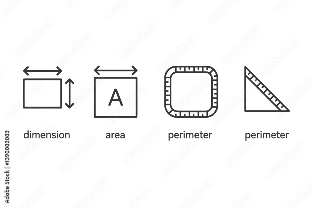 Aufkleber Understanding basic geometric concepts of dimension, area, and perimeter with line vector icons for educational purposes