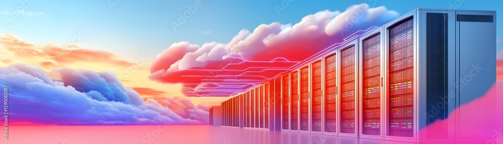 Poster futuristic cloud computing servers cybersecurity data protection digital landscape high-tech environ