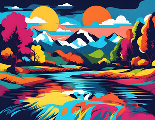 colorful river with cool isolated pop art style background