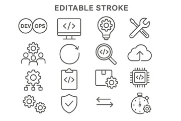 Collection of vector line icons representing DevOps practices, tools, and concepts for software development