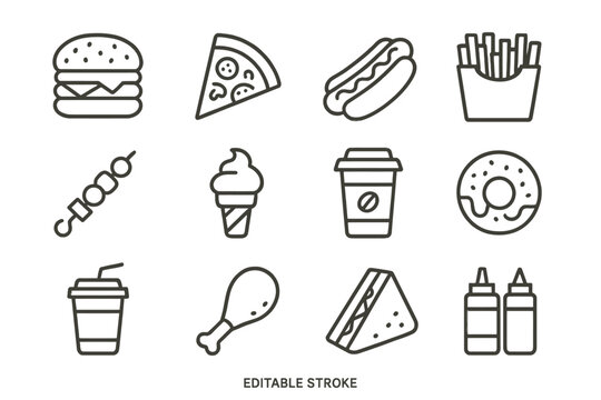 Food and beverage vector icons showcasing popular snacks and drinks in a minimalistic design for culinary applications