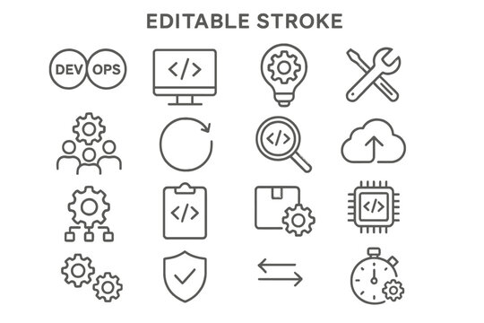 Collection of vector line icons representing DevOps practices, tools, and concepts for software development