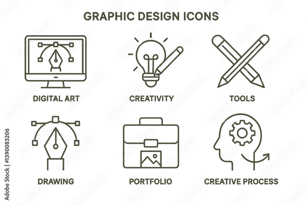 Aufkleber collection of line vector icons representing graphic design concepts including creativity, tools, an