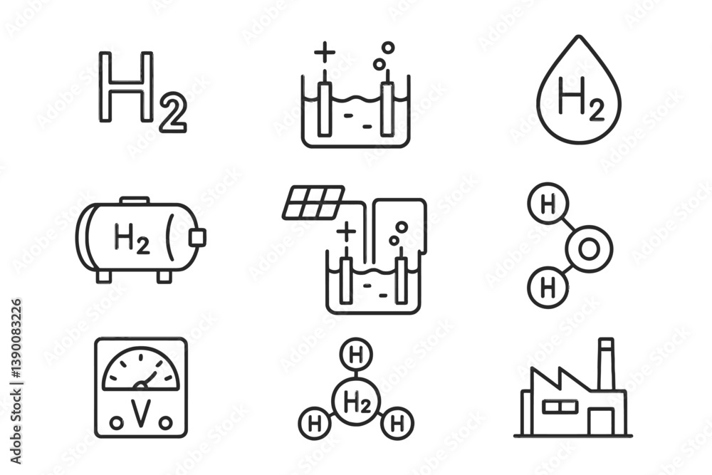 Aufkleber Hydrogen technology and applications represented by line vector icons showcasing various uses and energy solutions