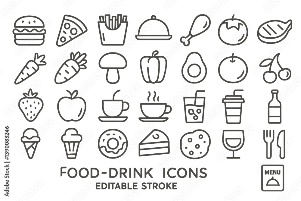 Poster collection of food and drink icons featuring various items including burgers, pizza, and beverages i