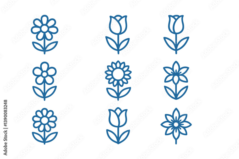 Poster Flower line vector icons featuring various designs of blooms in distinct arrangements and styles for creative projects