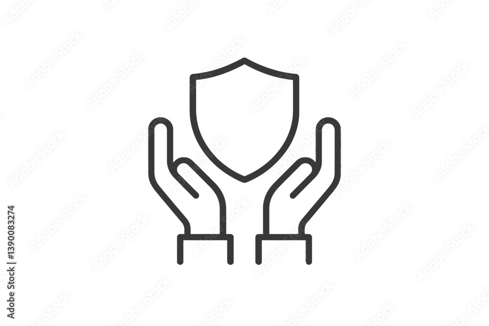 Poster Hands supporting a shield symbol in a line vector design, representing protection and security concepts in modern graphics