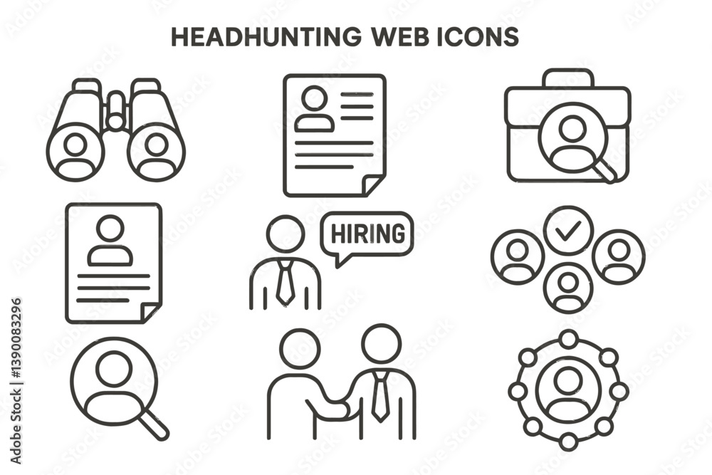 Poster headhunting web icons showcasing recruitment tasks and elements related to job hiring processes