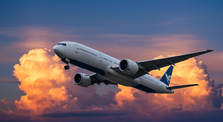 Obraz premium A majestic passenger jet gracefully ascends through a breathtaking sunset sky, painting a vibrant picture of freedom and travel against a backdrop of fiery clouds.