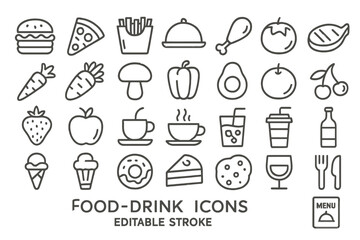 Collection of food and drink icons featuring various items including burgers, pizza, and beverages in line vector style suitable for design projects