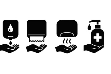 Hand hygiene vector icons demonstrating various steps for proper hand washing and sanitizing in a healthcare setting