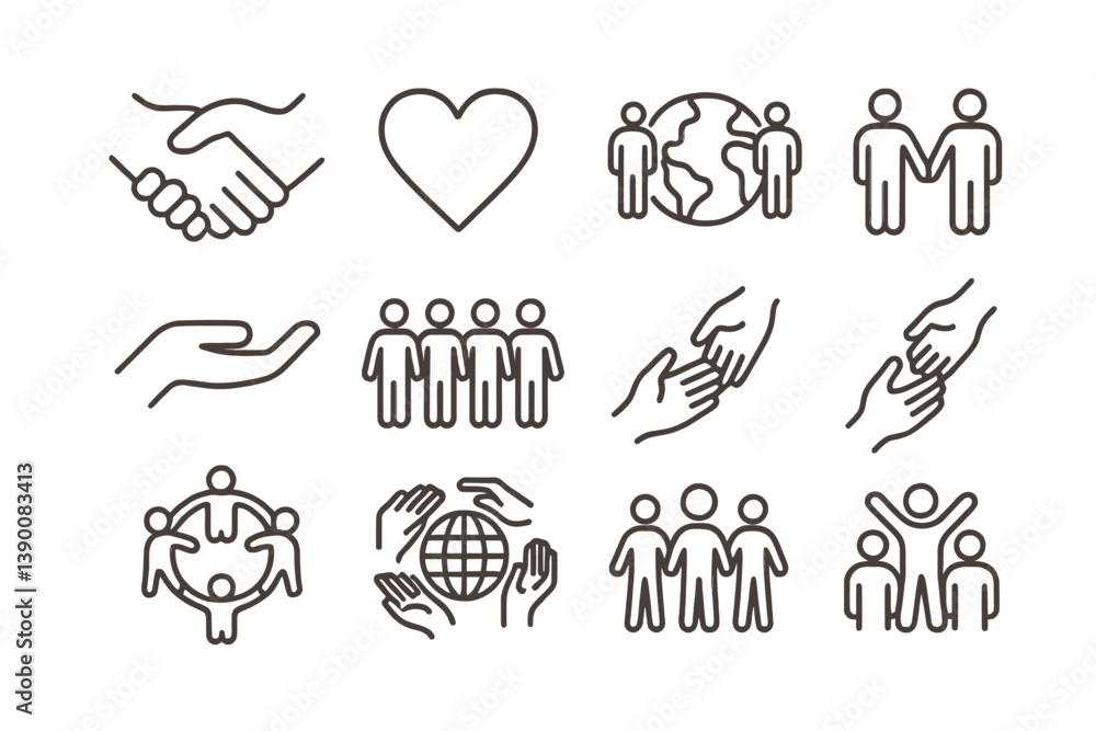 Poster Emphasizing connection and unity through handshakes, hearts, and global collaboration in vector icon design