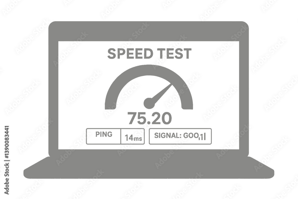 Aufkleber speed test results displayed on a laptop showing download speed of 75.20 mbps with 14 ms ping and si
